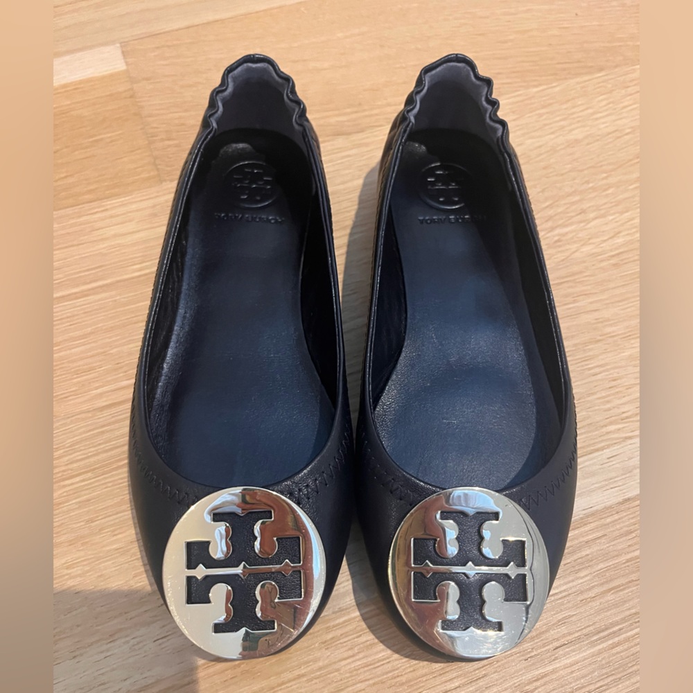 Tory Burch Black Leather Logo Round-Toe Ballet Flats